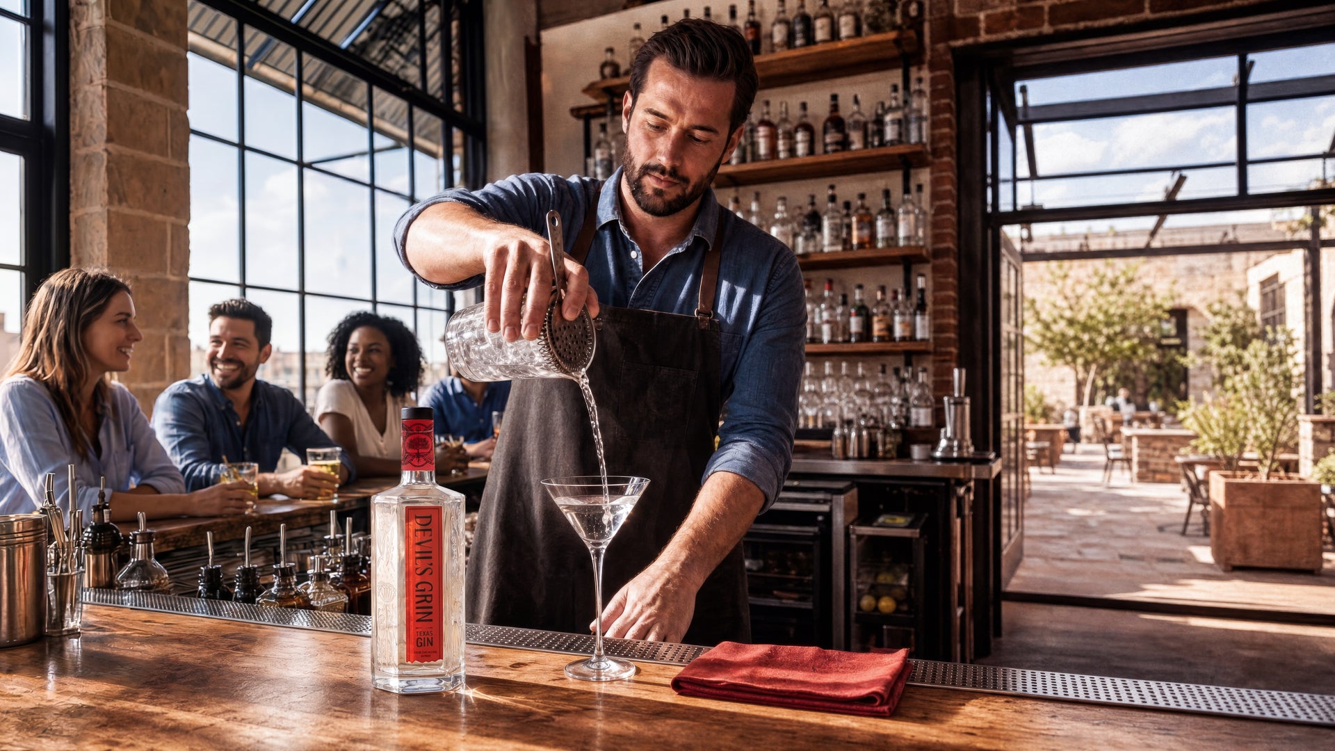Bartender straining a martini next to a Devil's Grin Texas Gin bottle while guests enjoy drinks at the bar