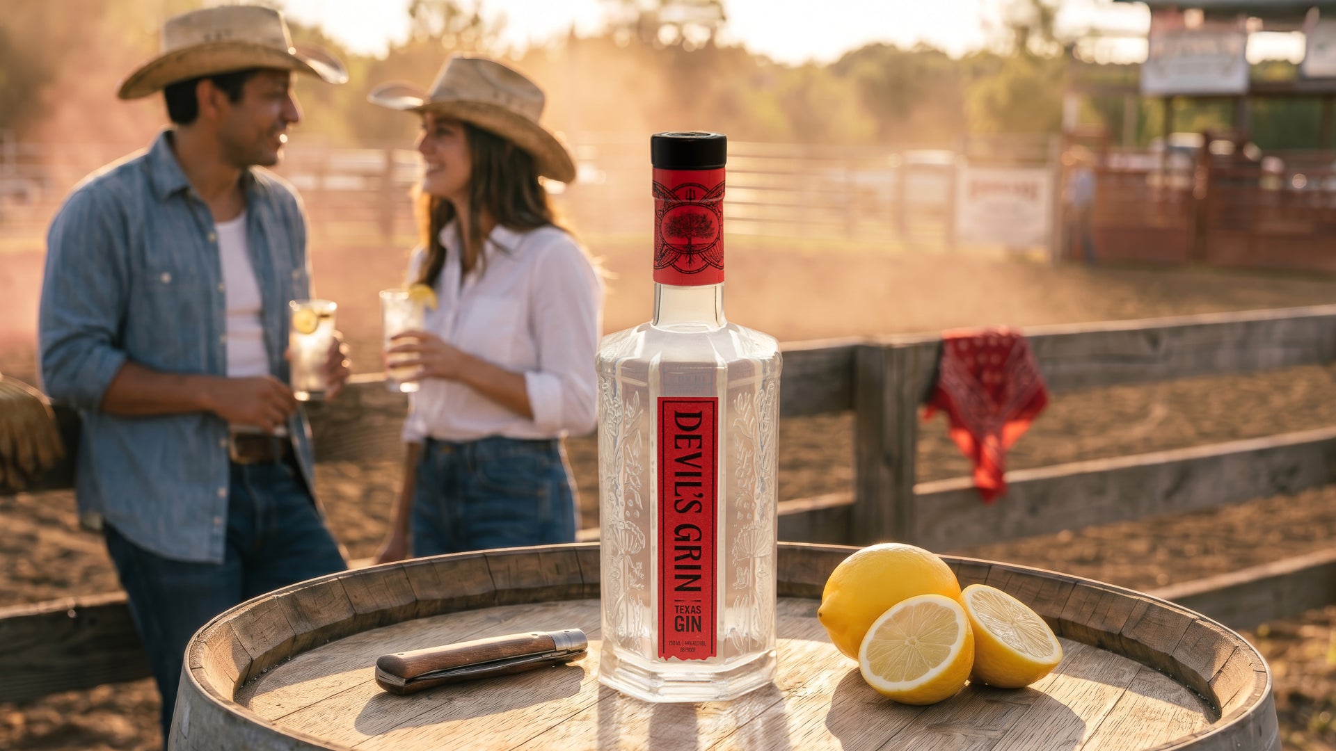 Devil's Grin Texas Gin bottle with lemons on a barrel as a cowboy couple enjoys cocktails at a rodeo ranch