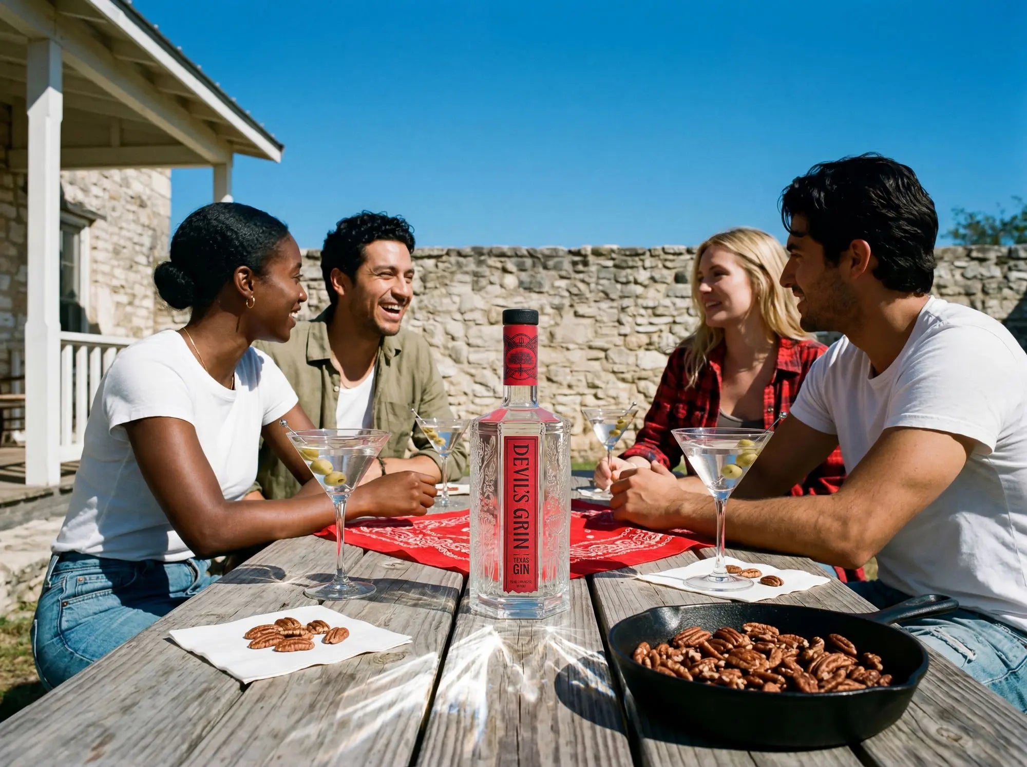 Two couples laughing over Devil&rsquo;s Grin martinis at a patio table