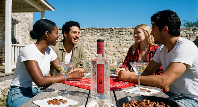 Friends sharing Devil's Grin Gin cocktails around a table