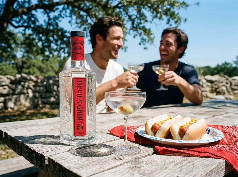 Devil&rsquo;s Grin bottle on a picnic table with hot dogs
